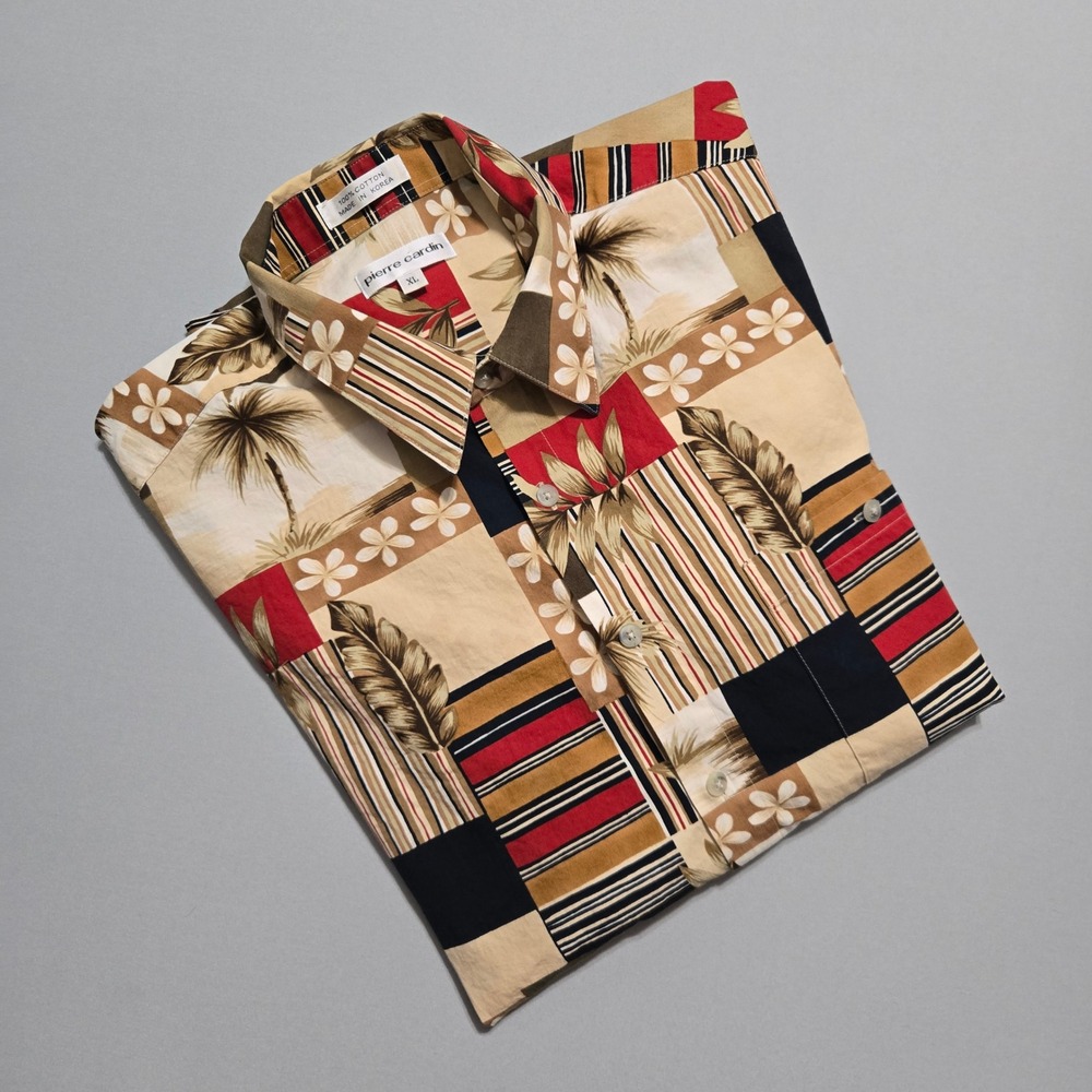 Pierre Cardin Mens XL Shirt Hawaiian Camp Tropical Palm Leaf Patchwork Cotton